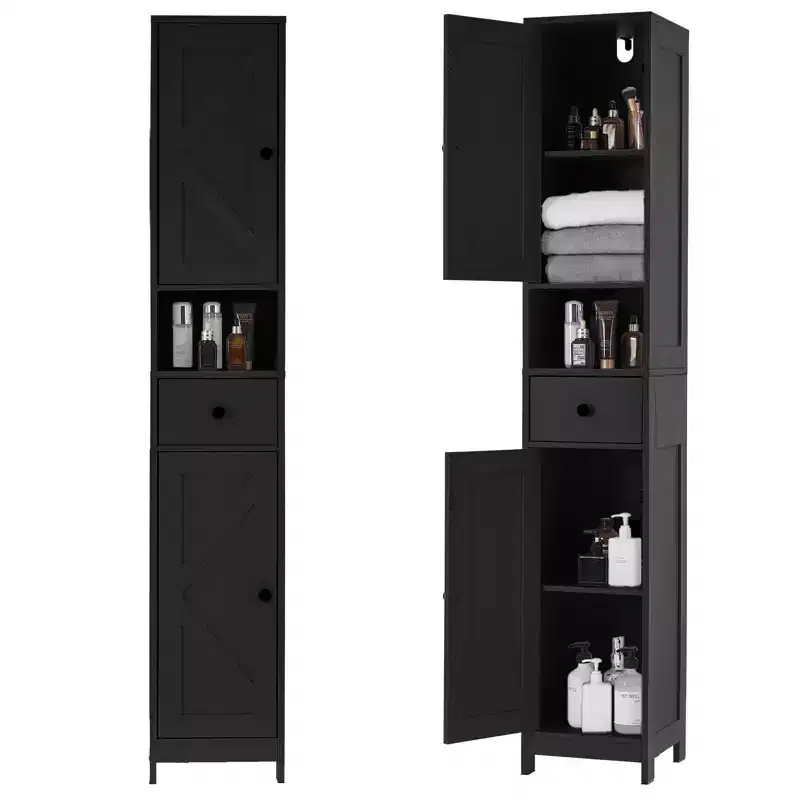 Tall Bathroom Cabinet with 2 Adjustable Shelves, Freestanding Storage Organizer with Anti-Tip Safety for Bathroom, Kitchen or Hallway
