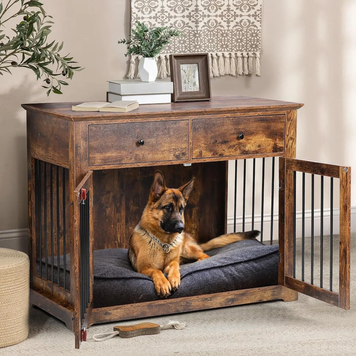 BOSSIN 44 Inch Large Dog Crate Furniture, Wooden Dog Kennel End Table with Storage Drawers, Decorative Pet Crates Dog House
