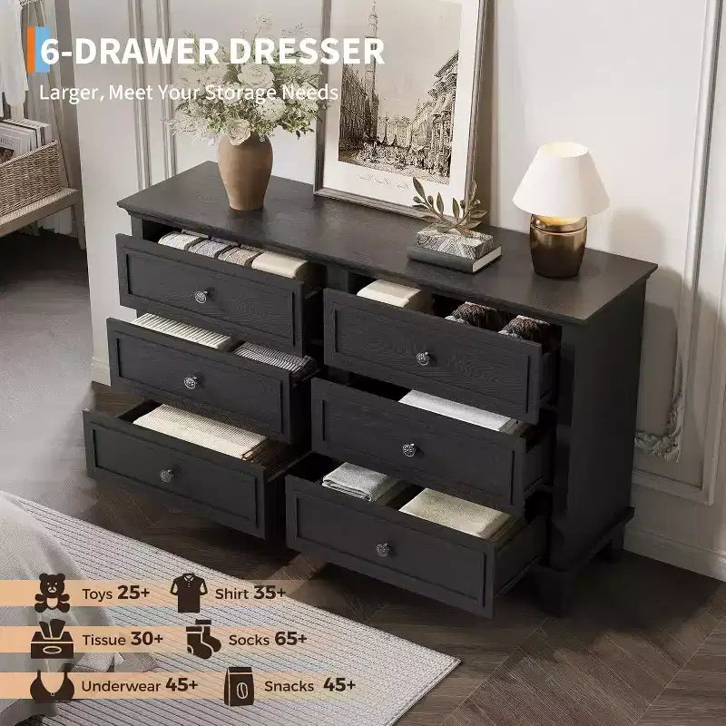 Farmhouse 6-Drawer Dresser in White, Double Wide TV Stand with Vintage Handles, Wood Chest for Bedroom