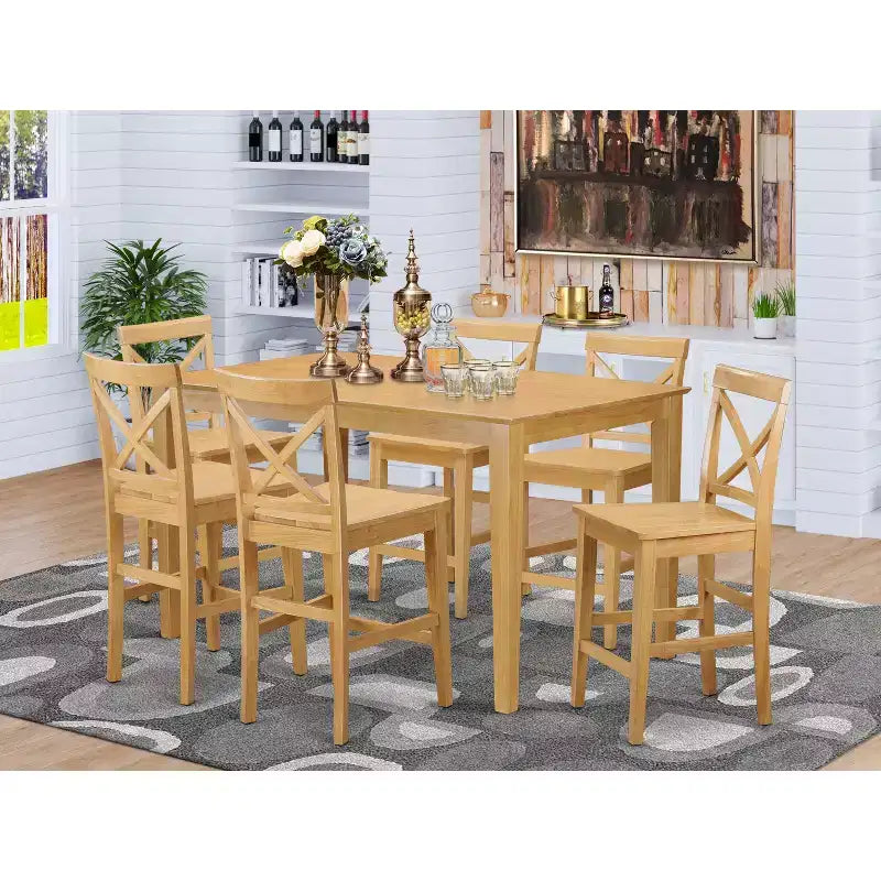 Counter Height Dining Set - Pub Table & Bar Stools - Modern Kitchen Set - Oak Finish