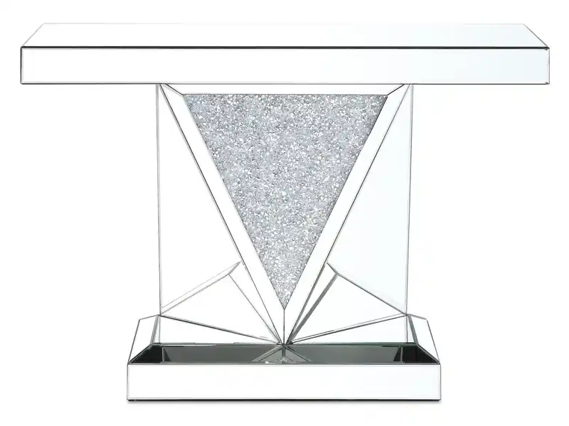 47.5 Glam Mirror & Glass Top Sofa Table - Silver Metal with Diamond Look Legs