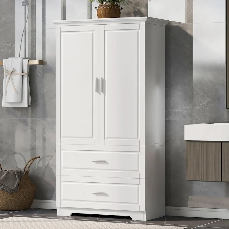 63 Tall Bathroom Storage Cabinet with 2 Doors and Adjustable Shelf, White