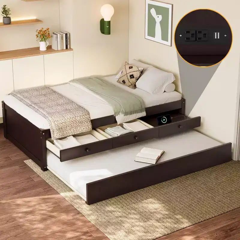 Twin/Full Platform Bed with Trundle, 2 Drawers & Charging Station, Solid Wood Bed Frame - ModernLuxe
