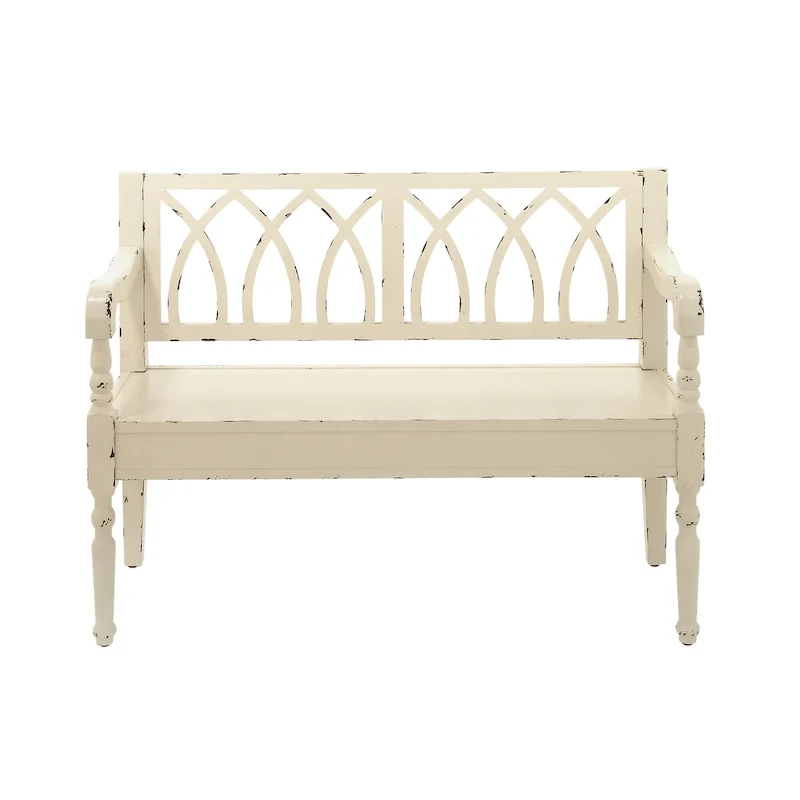 Wood Distressed Bench with Arched Design Back and Turned Legs - Black or White