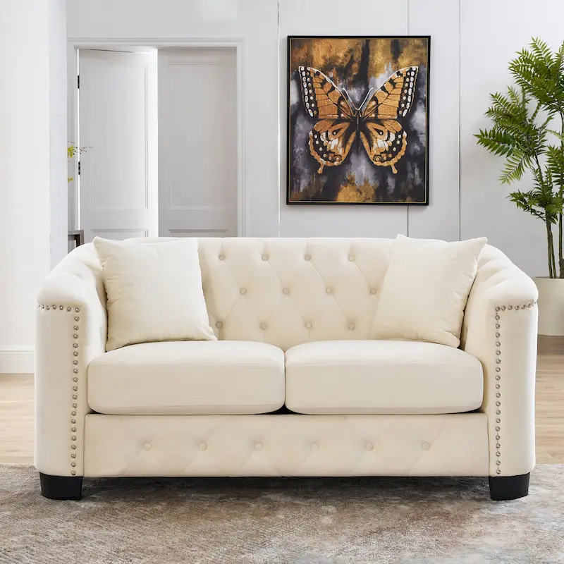 59-Inch Chesterfield Velvet Sofa �� 2-Seater with Tufted Back and Nailhead Arms