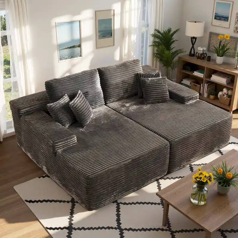 HOOOWOOO Modular Couch Plush Corduroy Sectional Sofa with Pillows