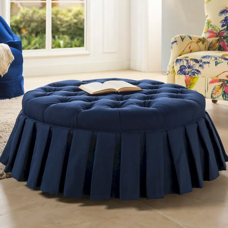Tufted Cocktail Ottoman with Pleated Skirt �C Midnight Blue / Antique White, Seats 1