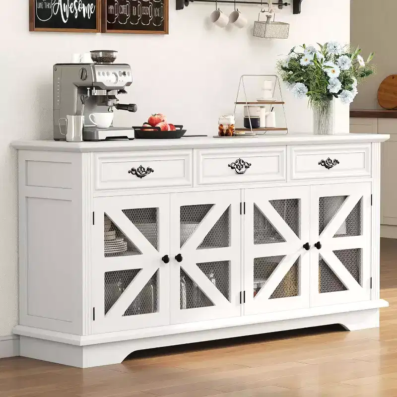 63 Buffet Cabinet with Storage with 3 Drawers & 4 Mesh Barn Doors, Modern Farmhouse Coffee Bar Buffet Table with Charging Station