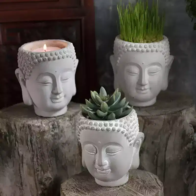 Slickblue White Cement Buddha Head Planter, Decorative Vase or Candle Accent, Indoor Tabletop, 5x4.5x5.25