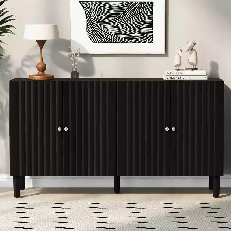 Modern Elegant Sideboard with 4 Wavy Pattern Doors and Cylindrical Legs, 58'' Storage Cabinets with Adjustable Shelves, Accent Entryway