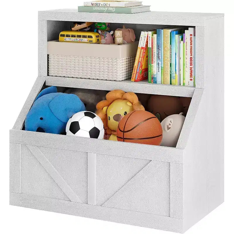 Kids Bookshelf and Toy Storage, 2-Tier Organizer with Lower Cabinet, Toddler Bookcase for Bedroom, Playroom, Classroom, Vintage White