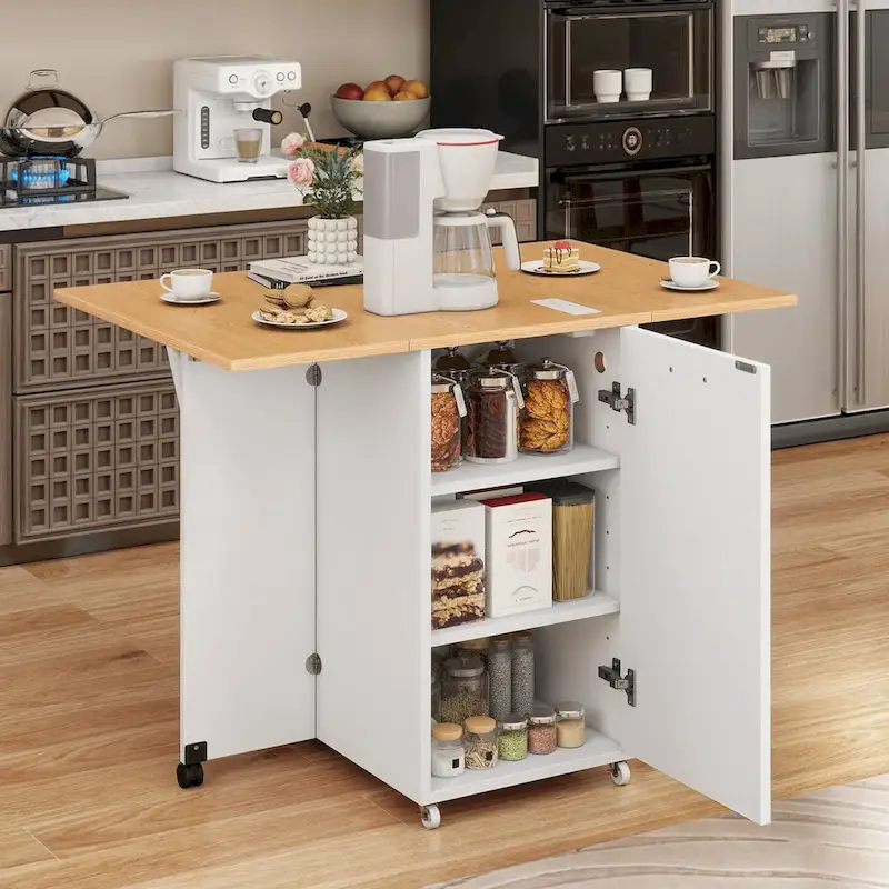 Foldable Kitchen Island With Trash Can Storage Cabinet & Power Outlet