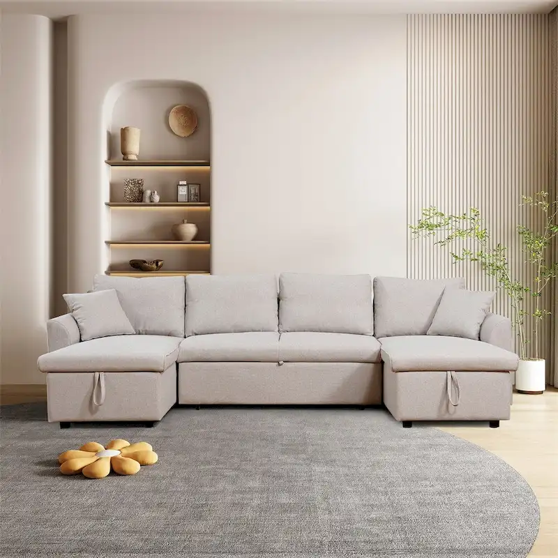U-Shape Pull-out Sleeper Sectional Sofa with Double Storage Spaces