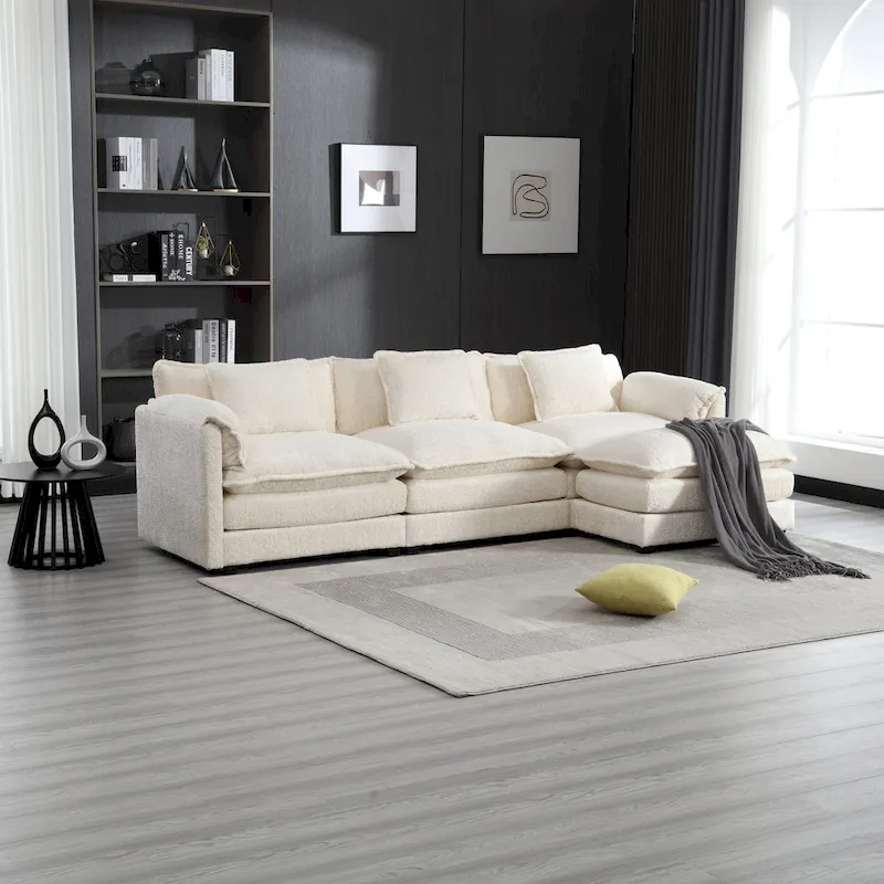Beige 112.2 L-Shape 4-Seater Sectional Sofa in Modern Boucle Fabric with Removable Cushions and Detachable Armrests