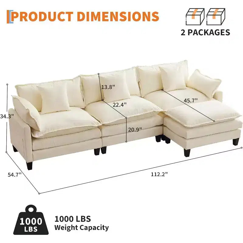 Acekool Oversized L Shaped Sectional Sofa, Modular Chenille 3 Seater Couch with Deep Seat and Ottoman, Comfy Convertible Sofa for Living Room