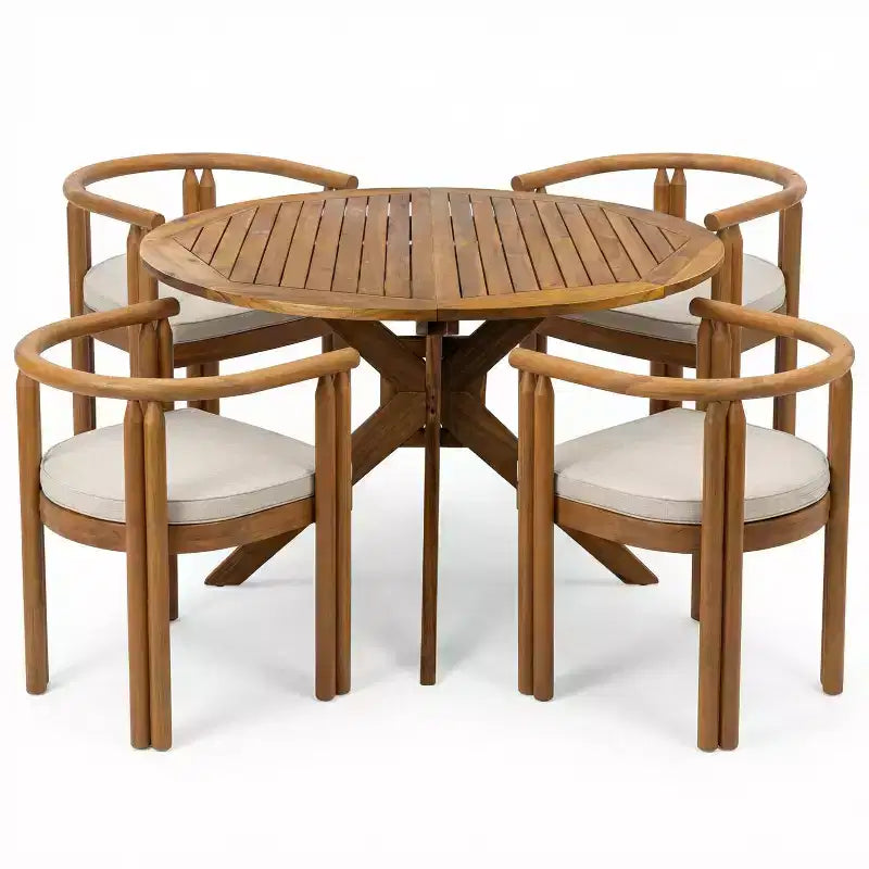 Christopher Knight Home Matteo 5 Piece Patio Rustic Acacia Wood Dining Set with Cushions and Slatted Table