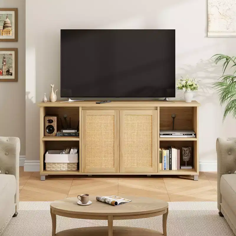 70 Boho TV Stand for Living Room - Entertainment Center with 2 Rattan Doors & 4 Open Shelves, Media Console with Storage for Bedroom