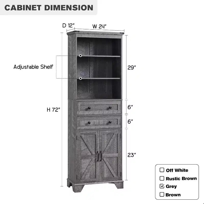 72 Tall Bathroom Storage Cabinet with 2 Drawers, Adjustable Shelves & Barn Door, Black