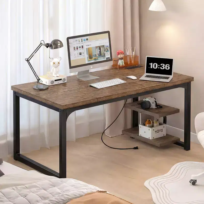 Dyonery Rustic Computer Desk with Power Outlet,1.2 Inch Extra-Thick Desktop,Deeper Office Desk with Robust Metal Tube,Gaming Writing Work Desk