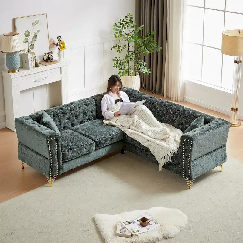 81.5 Chesterfield Chenille L-Shaped Corner Sectional Sofa with Tufted Backrest