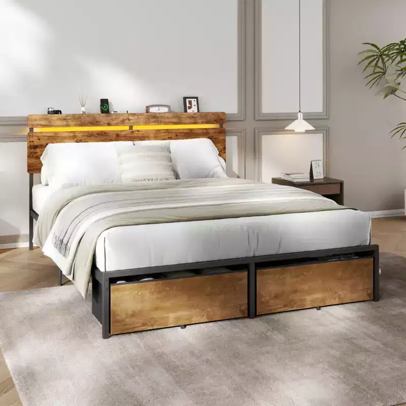 Queen Size Metal Platform Bed Frame with Storage Headboard Shelf 2 Drawers LED Lights Charging Station Vintage Brown Wood No Box Spring Needed