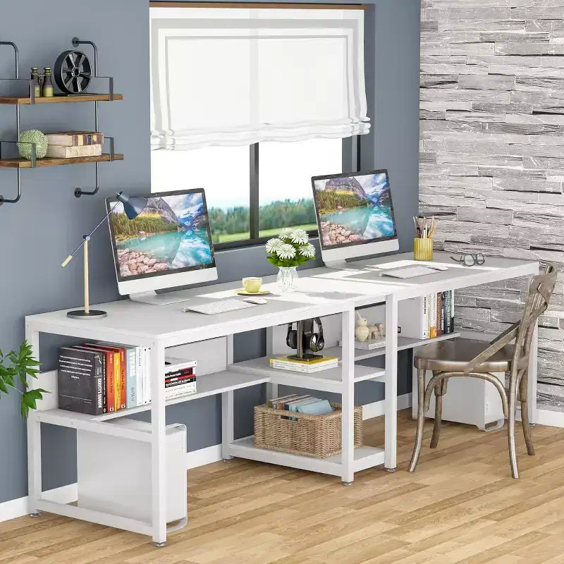 Lantine Two Person Desk with Bookshelf, 78.7 Computer Office Double Desk, Writing Desk Workstation with Shelf for Home Office