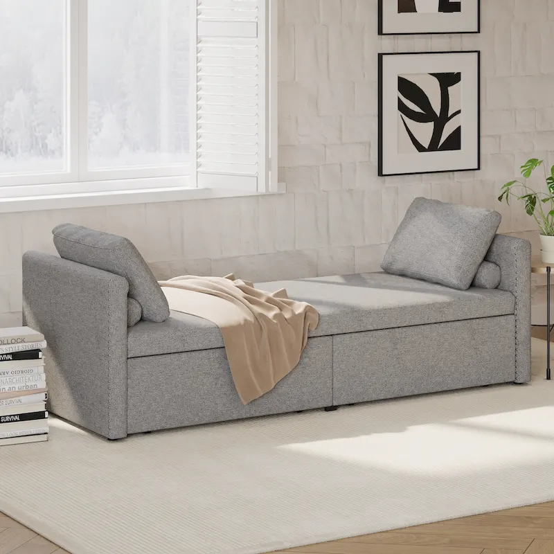 Modern Linen Upholstered Chaise Lounger Daybed with Pillows and 2 Drawers for Living Room
