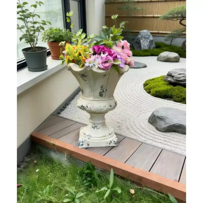 NAYSAYE MGO Garden Planter with Drainage Hole Hand-Painted Decorative Urn for Outdoor and Indoor Use, Ancient White, 16.33*16.33*21.45