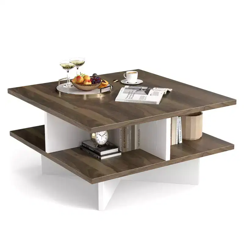 Costway 2-Tier Coffee Table Farmhouse Modern Center Table for Living Room Walnut and White