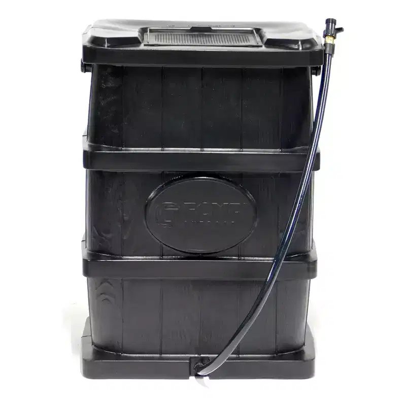 FCMP Outdoor WG4000-GRY Wood Grain Rain Barrel with Flat Back for Environmentally Friendly Watering of Outdoor Plants, Gardens, and Landscapes, Black