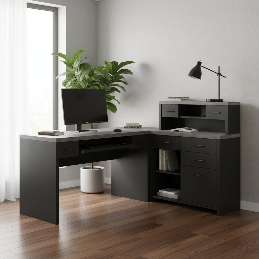Grey L-Shape Computer Desk with 8 Drawers for 1 Person