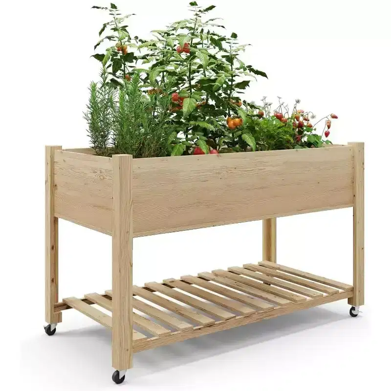 Rolling Plant Stand, Wooden Material, with Storage Shelf, Natural Wood Color, for Indoor/Outdoor Plants