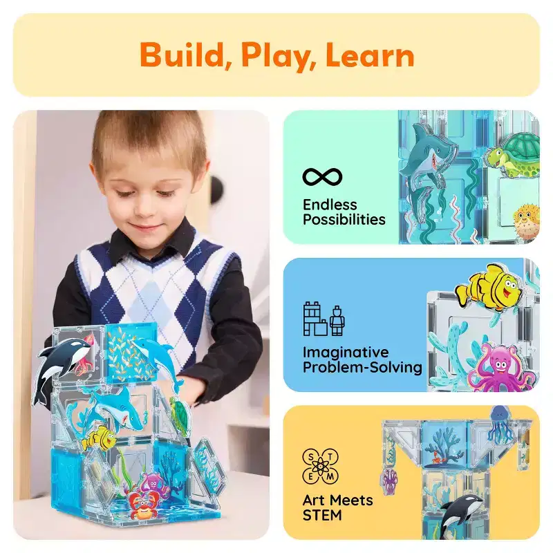PICASSO-TILES Marine Animal Magnetic Building Blocks for Kids  8PC STEM Construction Toy, Educational Creative Learning Set for Toddlers