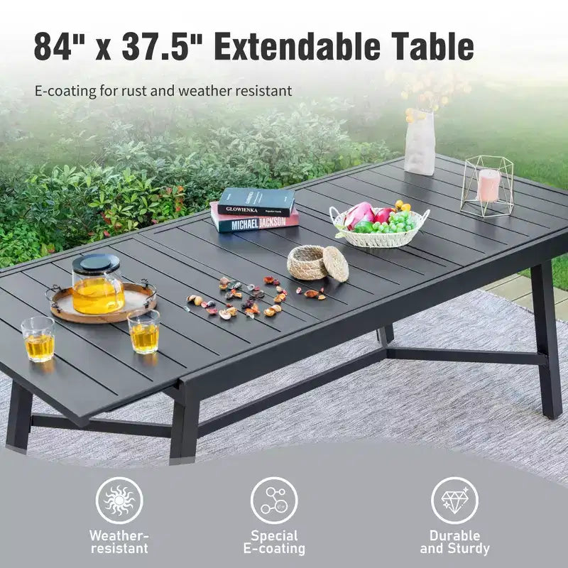 Captiva Designs 9pc Patio Slat-top Adjustable Steel Rectangle Table & Stylish Arm Chairs with Cushions