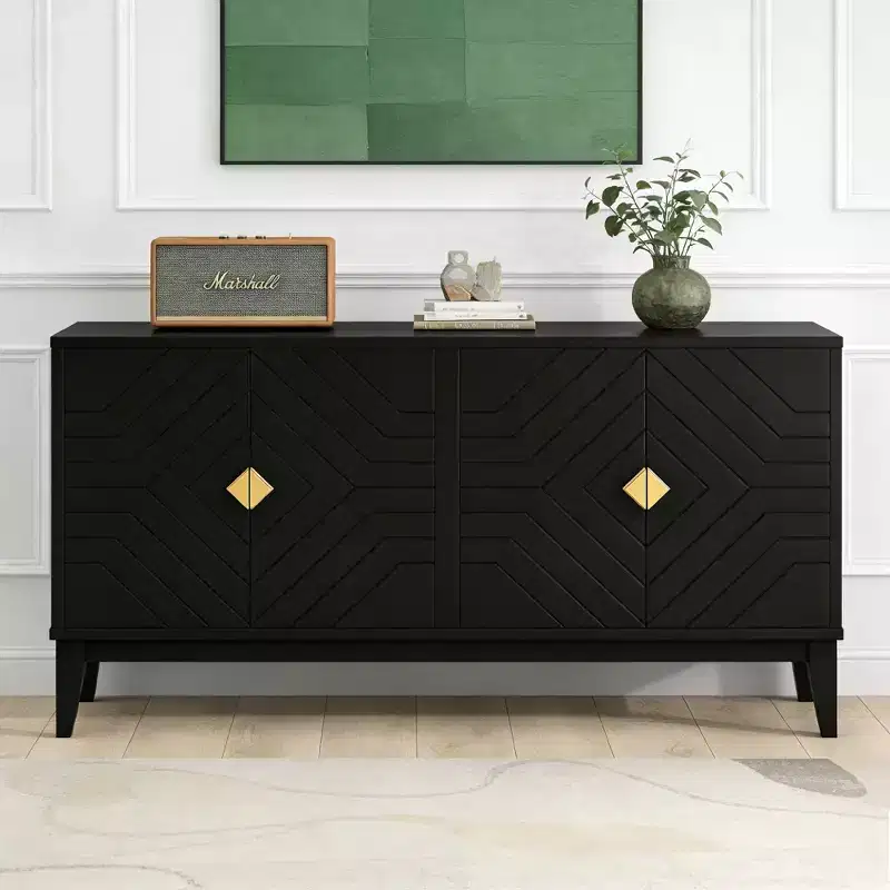 Luxystar 4-Door Sideboard Storage Cabinet with 2 Adjustable Shelves for Living Room and Dining Room, Black