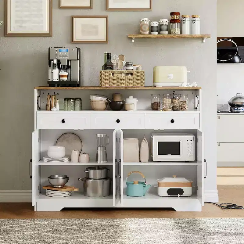 3-Drawer 4-Door Sideboard | White Particleboard | For Kitchen, Dining Room