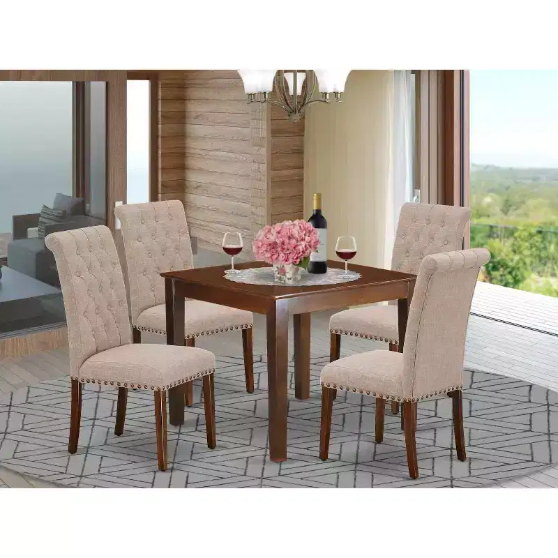 5-Piece Mahogany Finish Solid Wood Top - Square Dining Room Set - Seats 4