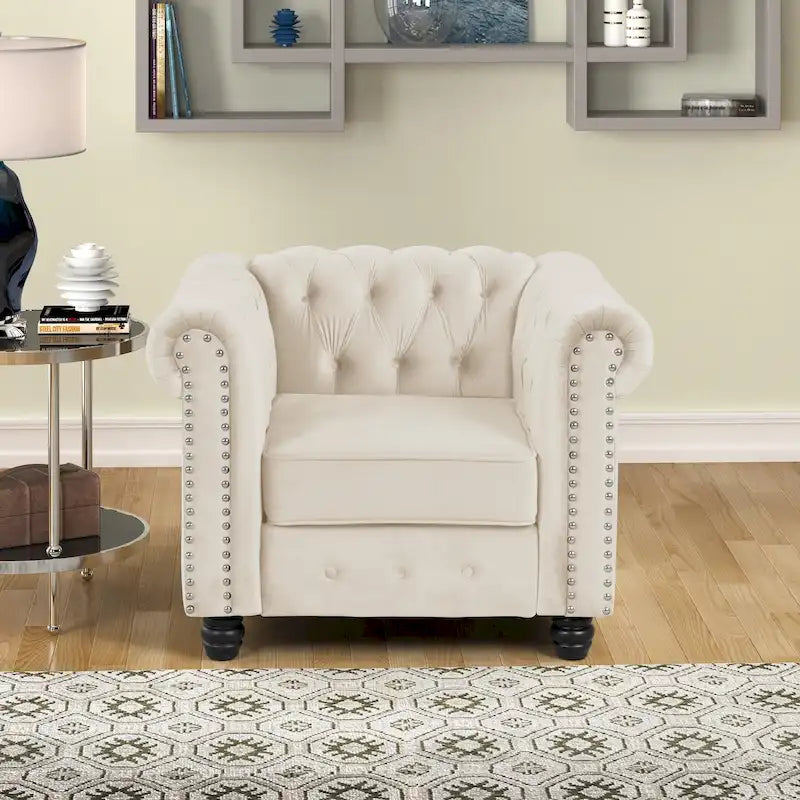 Morden Fort Velvet Chesterfield Club Chair,Button Tufted Upholstered Armchair with Nailhead and Solid Wood Legs for Living Room