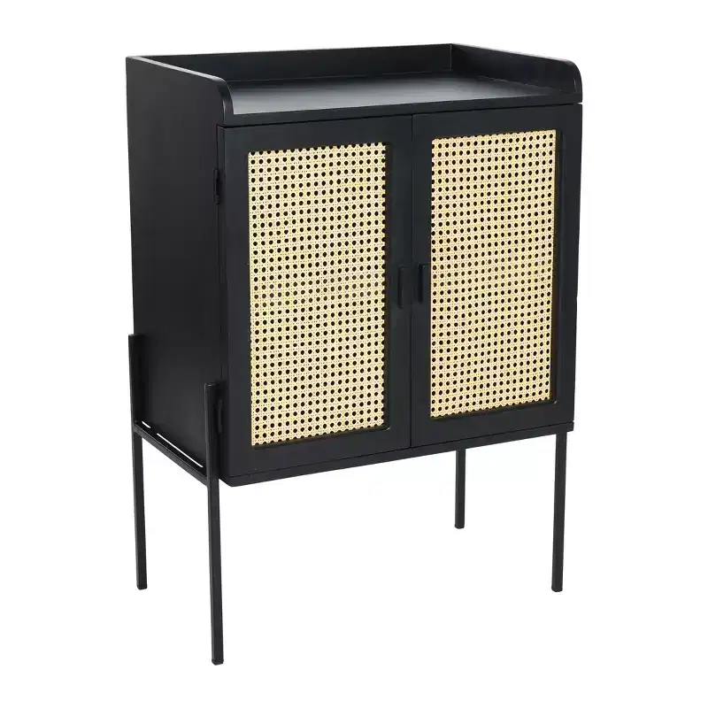 Boho Solid Wood Bar Cabinet with Metal Legs and Woven Cane Doors