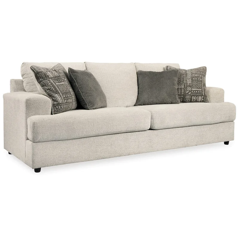 Tren 96 Inch Sofa with 4 Jacquard Pillows, Soft Beige Chenille Polyester