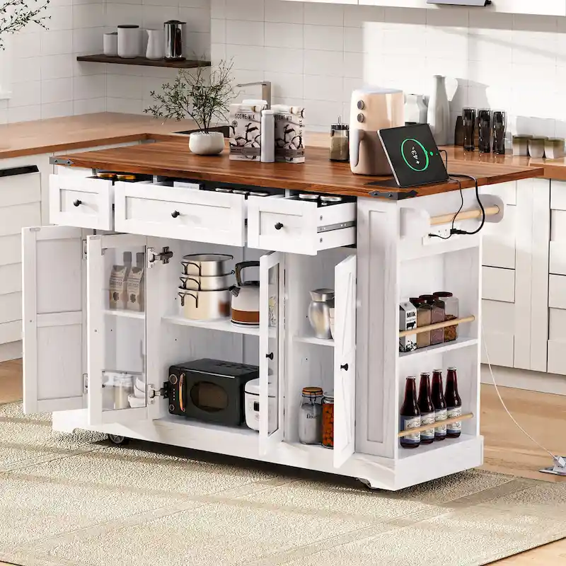 53 Farmhouse Kitchen Island With Two Tempered Glass Cabinet Doors(no include stool)