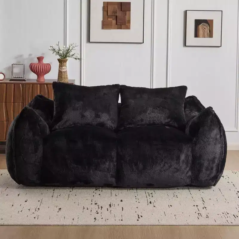 No Assembly Bean Bag Couch, 75.2 Oversized Fluffy Loveseat with 2 Pillows, Faux Fur 2-Seater Couch for Living Room, Bedroom