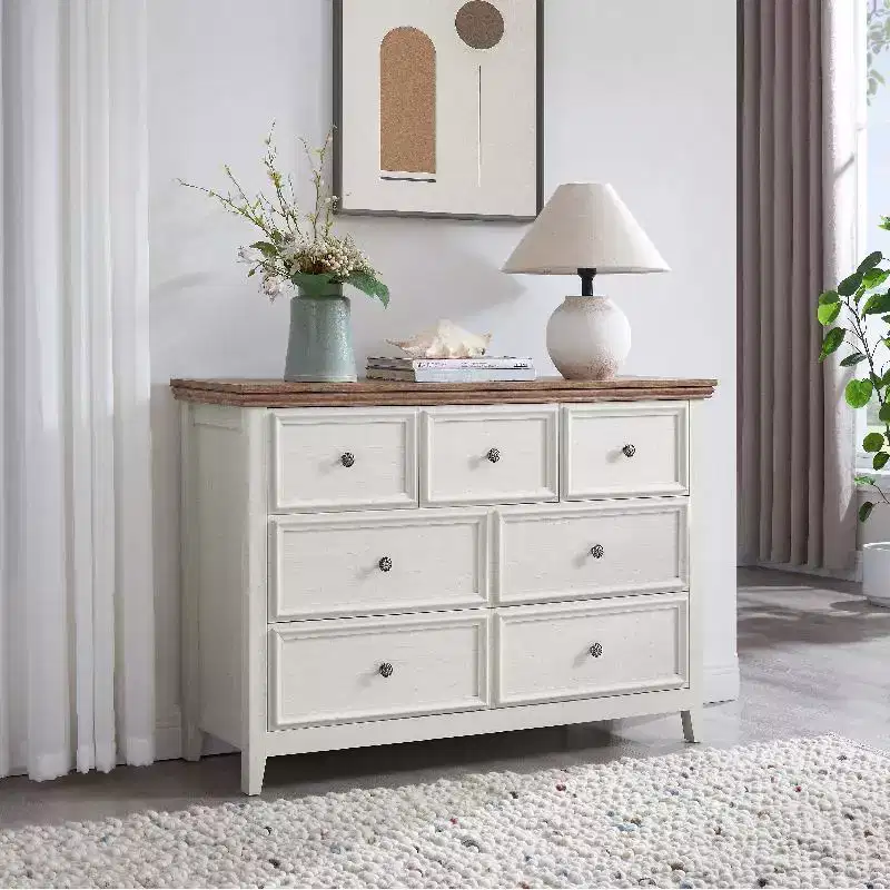 Beige/Black/White 7+3 Drawer Wood Dresser, 1-Person Assembly