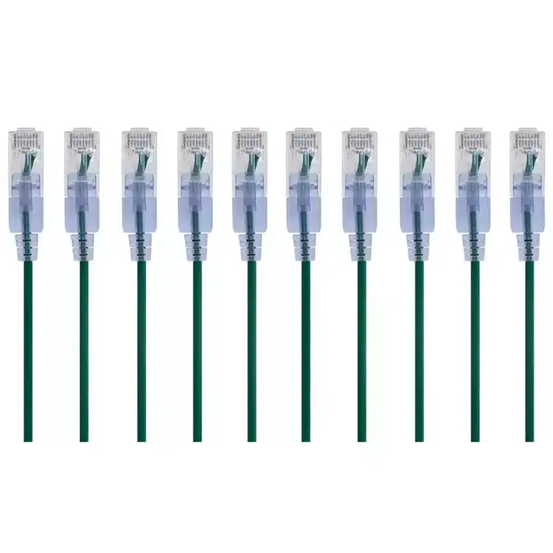 Monoprice SlimRun Cat6A Ethernet Patch Cable - Network Internet Cord - RJ45, Stranded, UTP, Pure Bare Copper Wire, 30AWG, 2ft, Green, 10-Pack