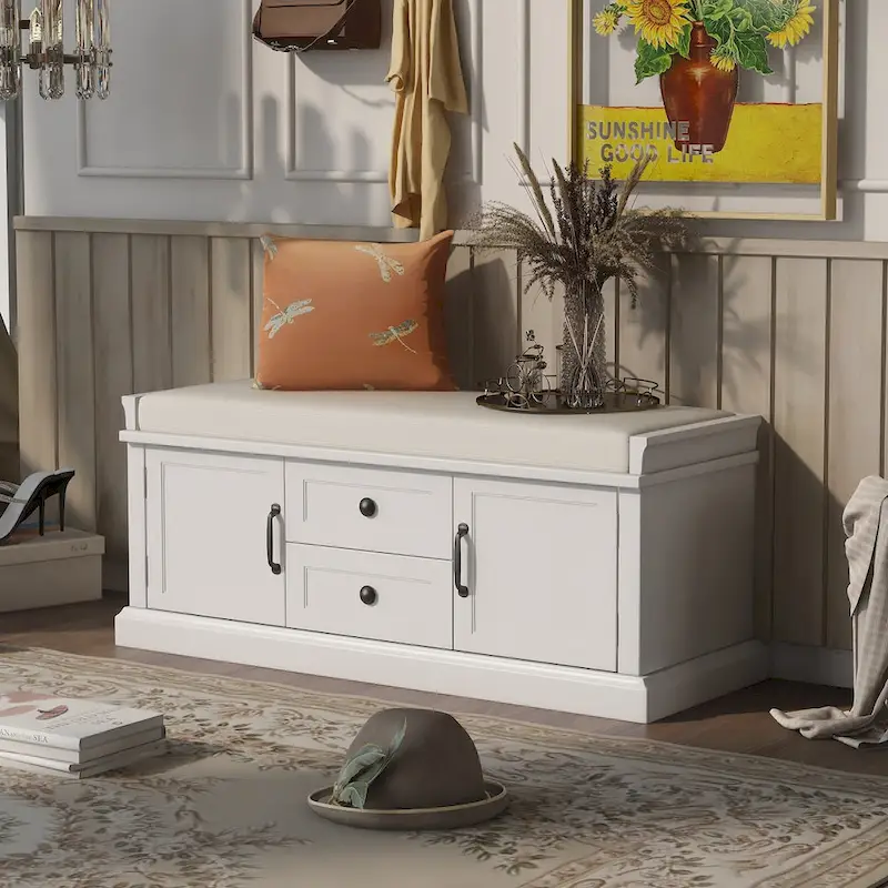 Storage Bench with 2 Drawers and 2 Cabinets, Removable Cushion