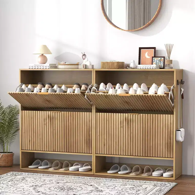 Shoe Cabinet, Entryway Cabinet  2-Pack Oak Fluted Cabinets with Flip Drawers Open Shelf Side Hooks Slim