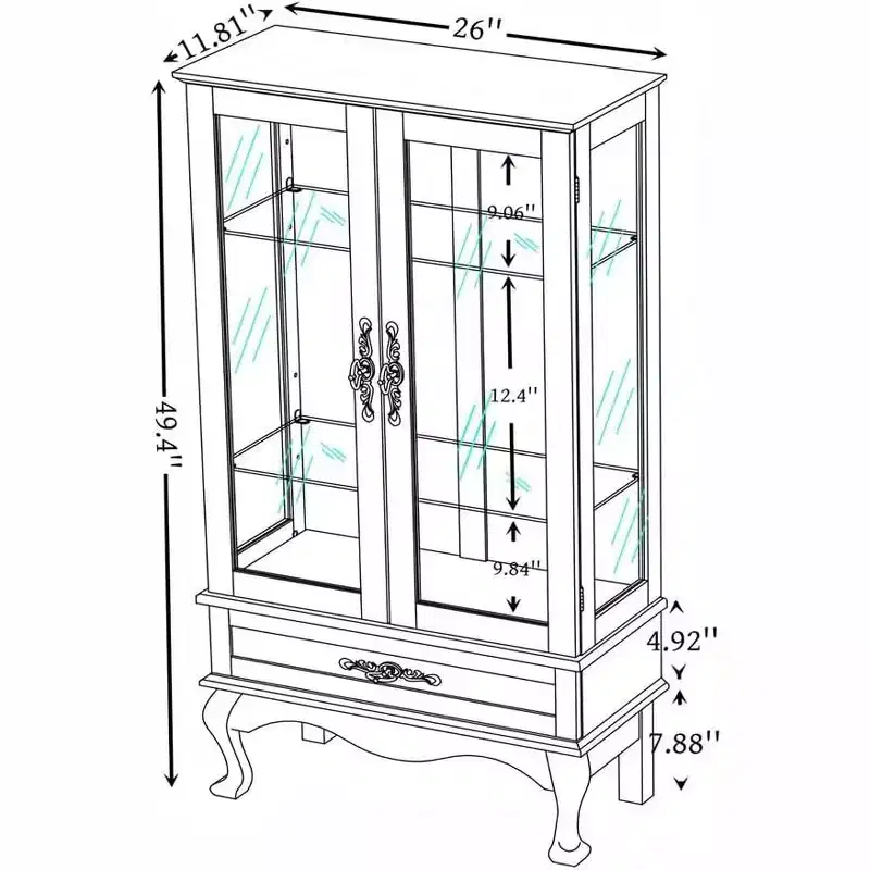 Lighted Glass Cabinet for Home Office, Display Cabinet with Glass Doors and Lights, Wine Cabinet with Adjustable Glass Shelves, 2 Doors, and 2 Drawer