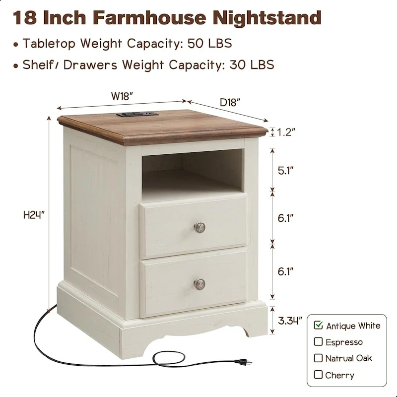 Vintage Wood Nightstand with Charging Station, End Table, Side Table