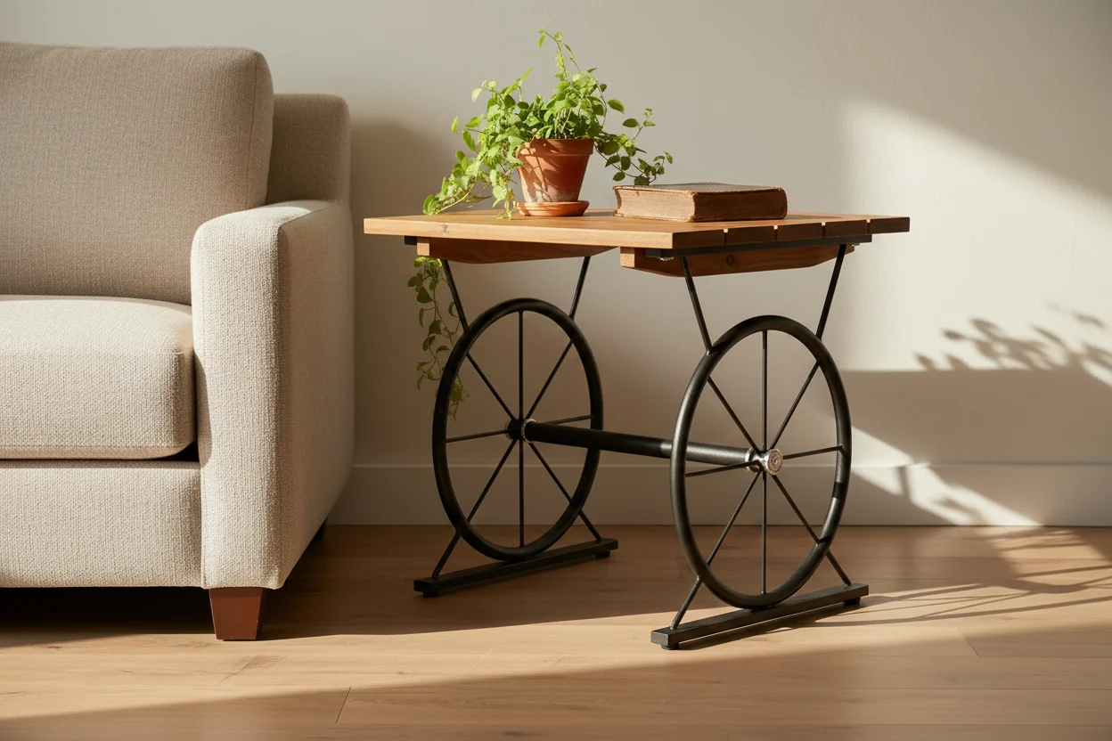 Industrial Metal Wheel Side Table with Solid Wood Plank Top