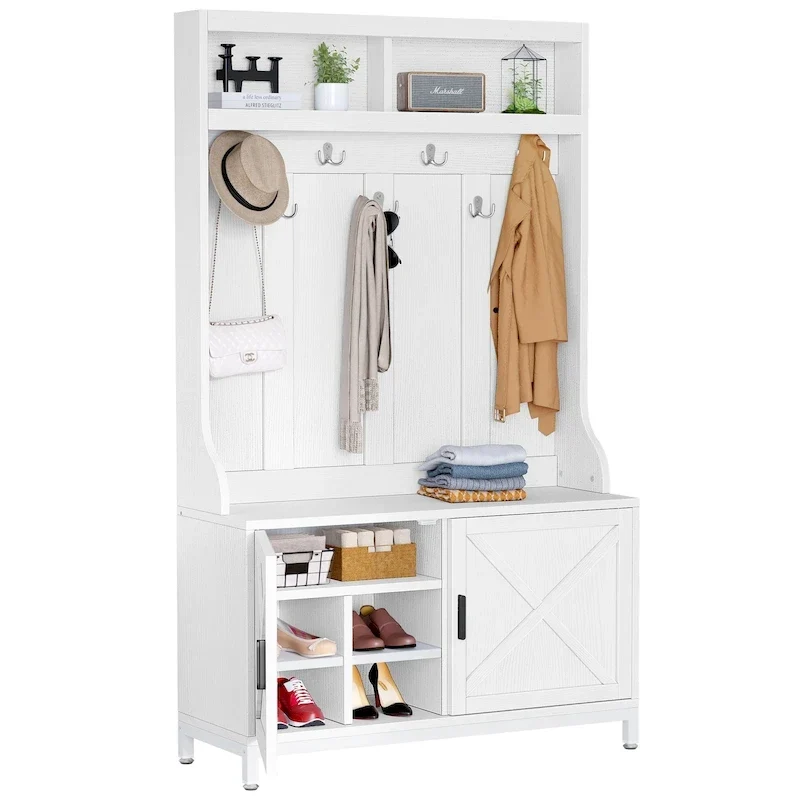 Hall Tree and Coat Rack with Bench and Shoe Storage for Hallway Entryway